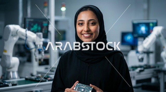 مهندسة عربية في مختبر تقني للروبوتات الحديثة