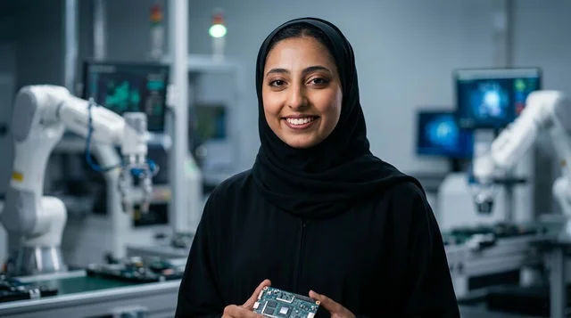 مهندسة عربية في مختبر تقني للروبوتات الحديثة