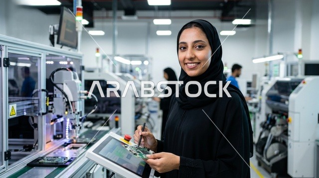 مهندسة عربية تعمل في مصنع إلكترونيات وتكنولوجيا حديث
