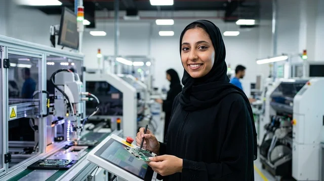 مهندسة عربية تعمل في مصنع إلكترونيات وتكنولوجيا حديث