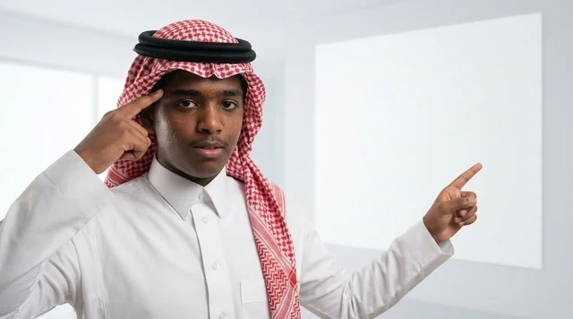 شاب سعودي بالثوب التقليدي يشير إلى سبورة بيضاء