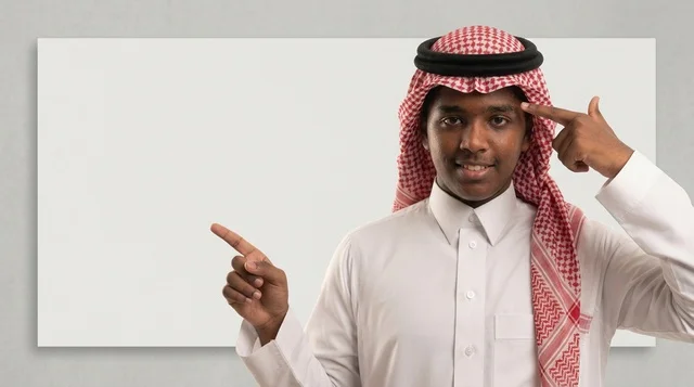 رجل سعودي يشير إلى لوحة بيضاء فارغة في الاستوديو