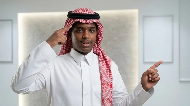 Saudi Man in Traditional Thobe Gesturing Idea and Pointing