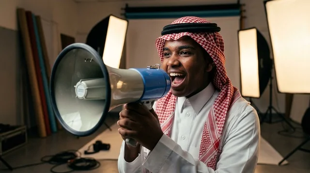 Saudi Man Shouting into Megaphone in Photo Studio