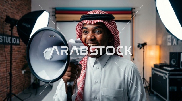 Saudi Man Shouting Into Megaphone In Photography Studio