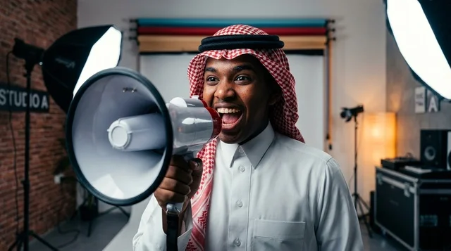 Saudi Man Shouting Into Megaphone In Photography Studio