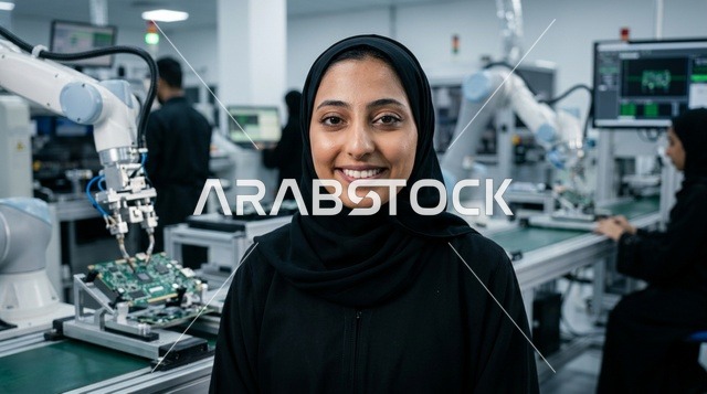 مهندسة عربية محجبة في مختبر تصنيع الروبوتات الحديث