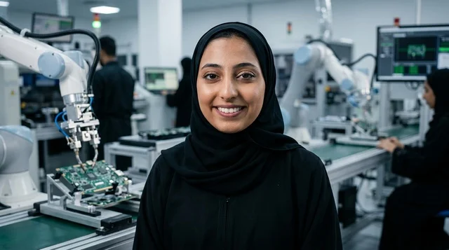 Arab Female Engineer in Robotics Manufacturing Lab