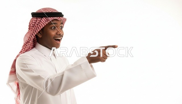 شاب سعودي يرتدي الشماغ يشير بيده على خلفية بيضاء