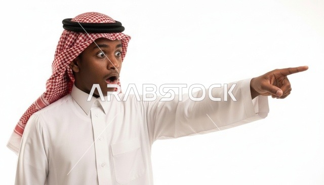 شاب سعودي متفاجئ ومصدوم يشير بإصبعه على خلفية بيضاء