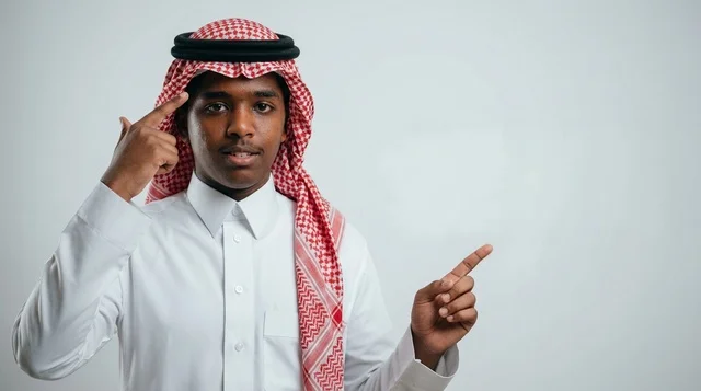 Saudi Man in Ghutra Pointing to Head and Side
