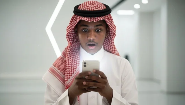 رجل سعودي مصدوم ينظر إلى شاشة هاتفه الذكي المضيئة