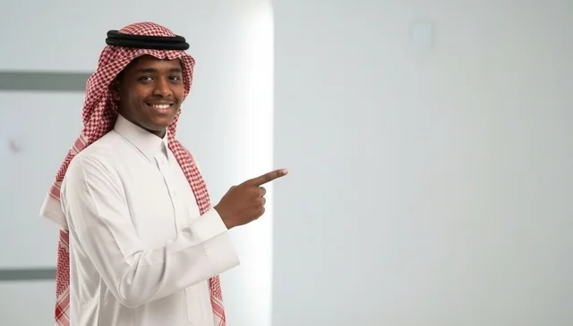 رجل سعودي بالثوب والشماغ يشير إلى خلفية بيضاء فارغة