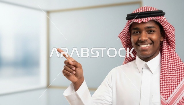 رجل سعودي مبتسم يرتدي الشماغ يشير بإصبعه في مكتب حديث