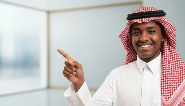 رجل سعودي مبتسم يرتدي الشماغ يشير بإصبعه في مكتب حديث