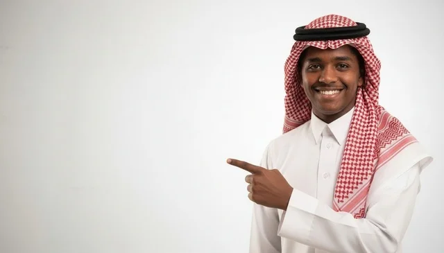 رجل سعودي بالزي التقليدي يشير إلى مساحة إعلانية فارغة
