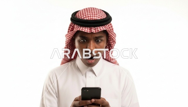 رجل سعودي مصدوم ومندهش ينظر إلى هاتفه الذكي بخلفية بيضاء