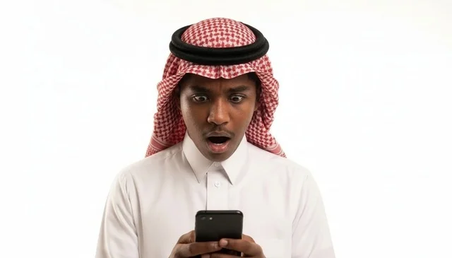 رجل سعودي مصدوم ومندهش ينظر إلى هاتفه الذكي بخلفية بيضاء