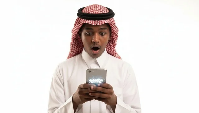 Shocked Saudi Man Looking at Smartphone Studio Shot