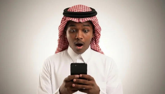 شاب سعودي مصدوم ينظر إلى الهاتف الذكي في الاستوديو
