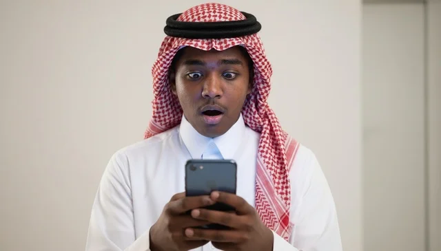 شاب سعودي متفاجئ ومصدوم ينظر إلى شاشة هاتفه الذكي