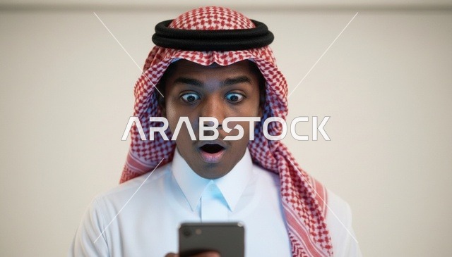 رجل سعودي متفاجئ ينظر إلى شاشة الجوال في الاستوديو