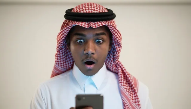 رجل سعودي متفاجئ ينظر إلى شاشة الجوال في الاستوديو