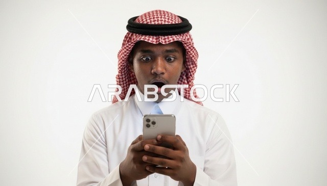 رجل عربي سعودي مصدوم ينظر إلى شاشة هاتف ذكي بالاستوديو