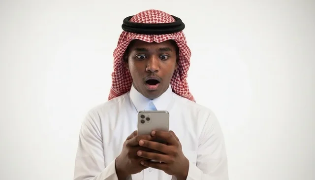 رجل عربي سعودي مصدوم ينظر إلى شاشة هاتف ذكي بالاستوديو