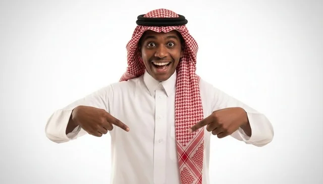 رجل سعودي متحمس بالثوب يشير إلى الأسفل رجل سعودي متحمس بالثوب يشير إلى الأسفل