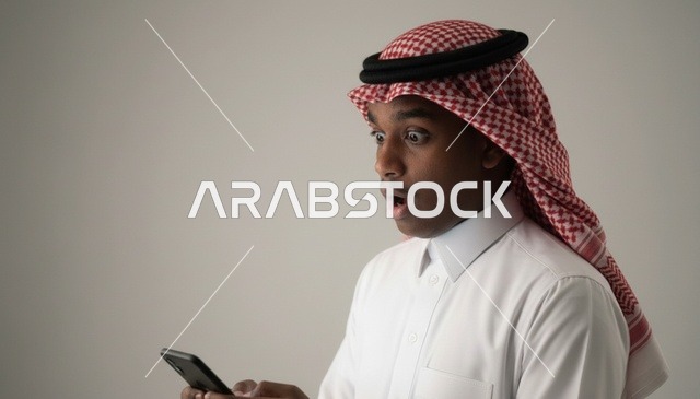 رجل سعودي مصدوم ينظر إلى شاشة هاتفه الذكي في الاستوديو