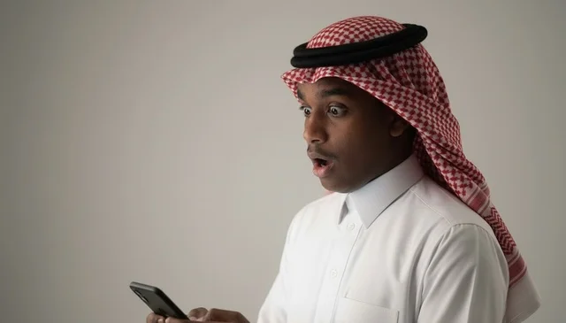 رجل سعودي مصدوم ينظر إلى شاشة هاتفه الذكي في الاستوديو
