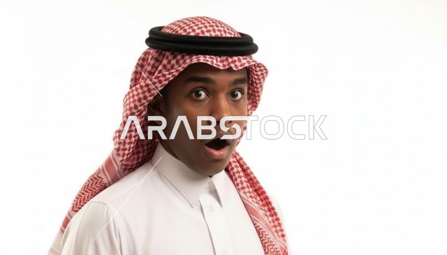 رجل سعودي متفاجئ ومصدوم يرتدي الشماغ بخلفية بيضاء