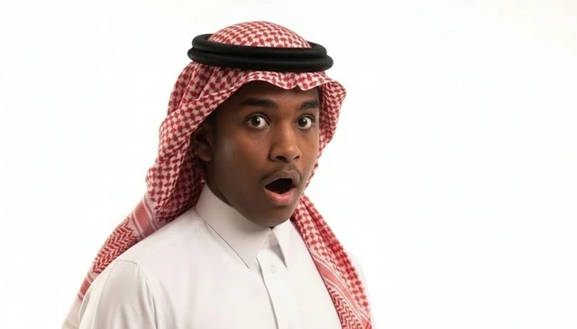 رجل سعودي متفاجئ ومصدوم يرتدي الشماغ بخلفية بيضاء