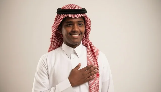 شاب سعودي يرتدي الشماغ التقليدي ويضع يده على صدره