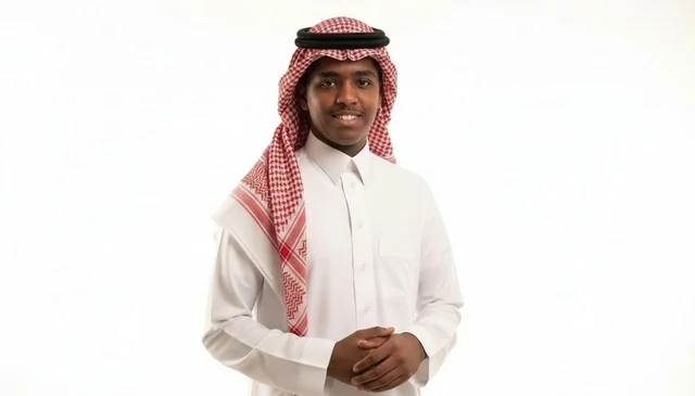 شاب سعودي يرتدي الثوب والشماغ التقليدي خلفية بيضاء