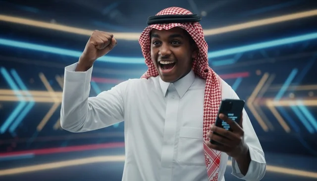 شاب سعودي متحمس يحتفل بالفوز والنجاح بالهاتف الذكي