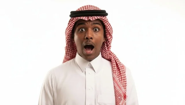 شاب سعودي مصدوم بالزي التقليدي على خلفية بيضاء