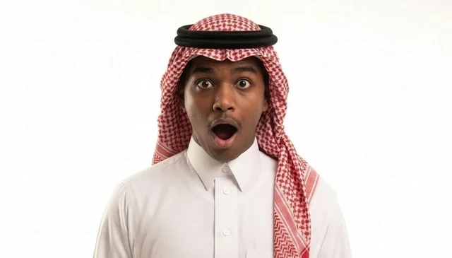 شاب سعودي متفاجئ ومصدوم بالزي التقليدي على خلفية بيضاء
