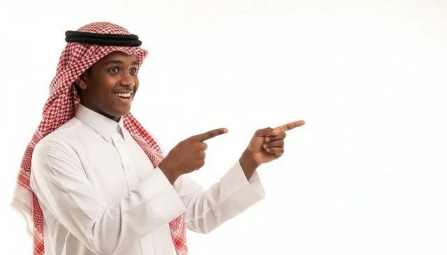 Saudi Man in Traditional Attire Pointing Aside