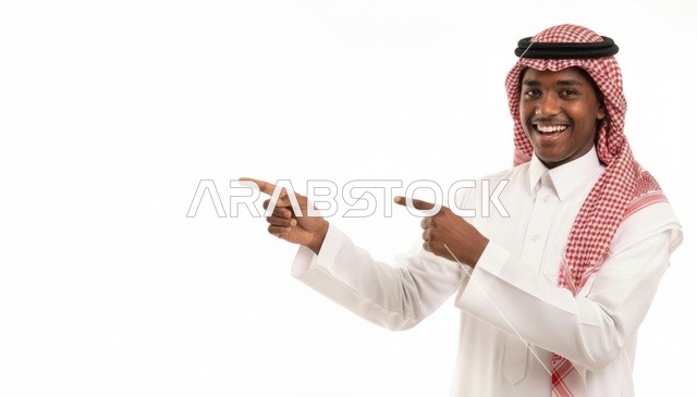 Smiling Saudi Man Pointing Left on White Background