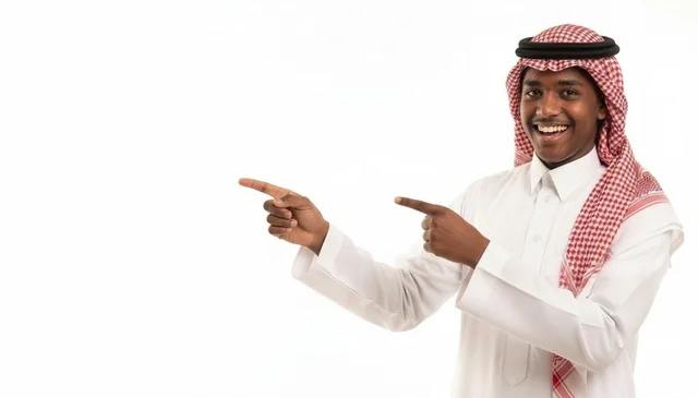Smiling Saudi Man Pointing Left on White Background