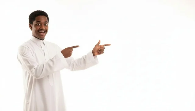 Man in Saudi Thobe Pointing Right on White Background