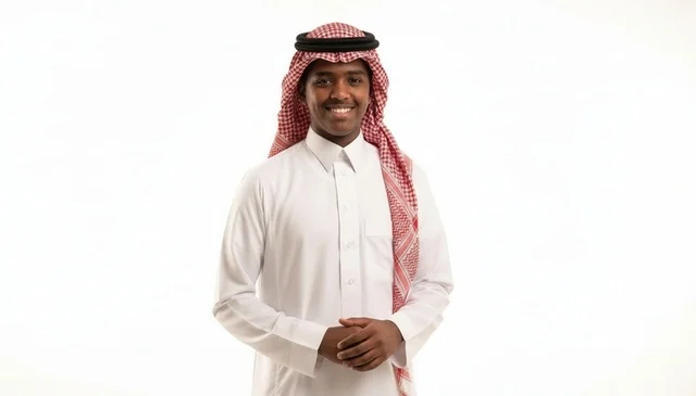 شاب سعودي مبتسم بالثوب والشماغ التقليدي خلفية بيضاء