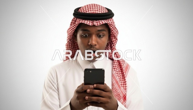 شاب سعودي متفاجئ ومصدوم ينظر إلى شاشة الهاتف الذكي