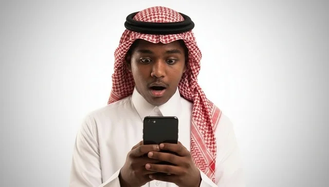 شاب سعودي متفاجئ ومصدوم ينظر إلى شاشة الهاتف الذكي