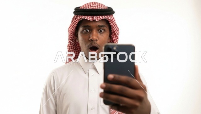 شاب سعودي مصدوم ينظر إلى الهاتف بخلفية بيضاء