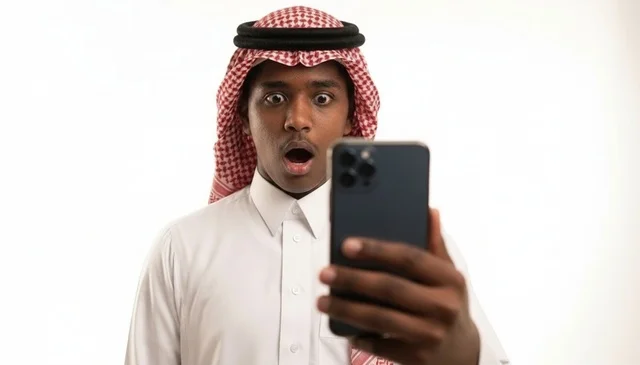 شاب سعودي مصدوم ينظر إلى الهاتف بخلفية بيضاء