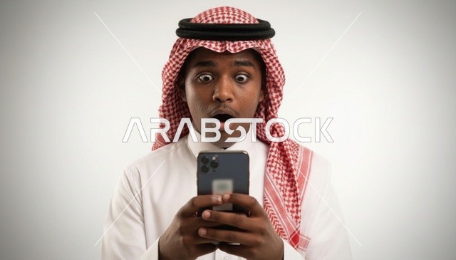 رجل سعودي متفاجئ ينظر إلى شاشة هاتفه الذكي في الاستوديو