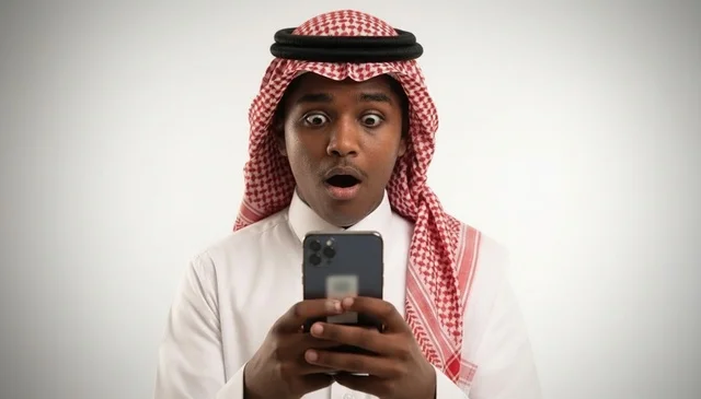 Shocked Saudi Man Looking at His Smartphone Screen in Studio